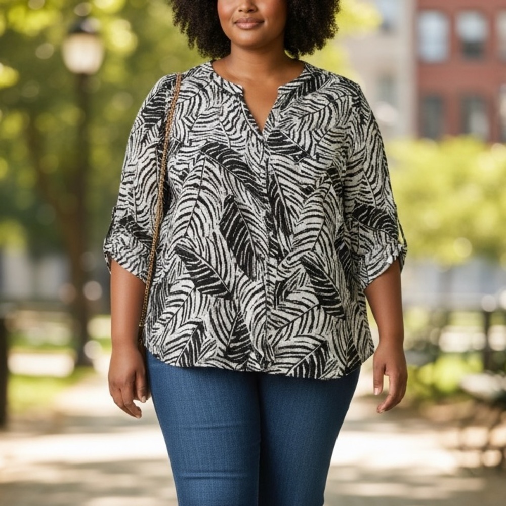Cynthia Rowley 100% Linen 3/4 sleeve button down leaf floral top size 2XL